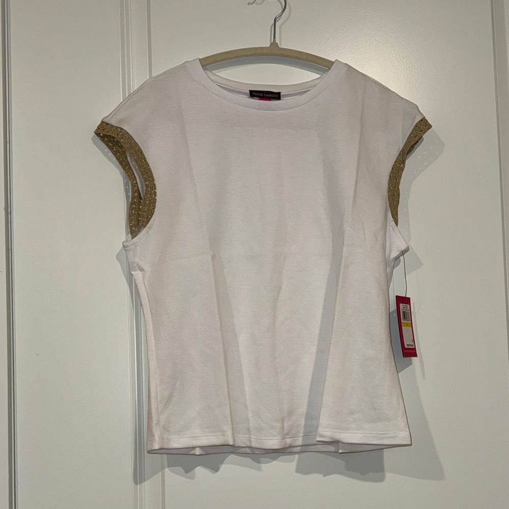 Vince Camuto White Tee with Gold Trim Sleeves | Size M | NWT - Picture 7 of 7